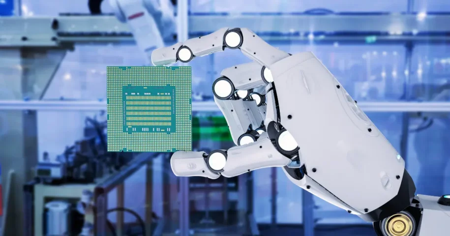 ASIC semiconductor chip held by a robotic arm in a manufacturing facility